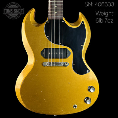 Front of Gibson Custom Shop M2M 1963 SG Junior w/64 Neck Double Gold Murphy Lab Light Aged w/Stinger.