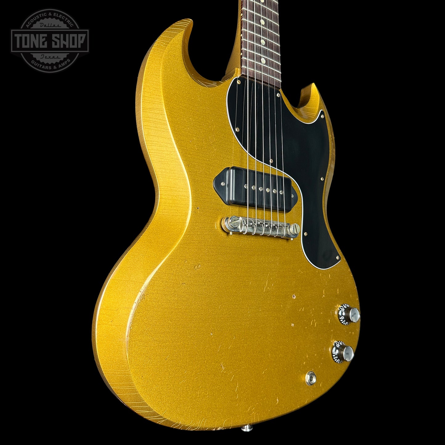 Front angle of Gibson Custom Shop M2M 1963 SG Junior w/64 Neck Double Gold Murphy Lab Light Aged w/Stinger.