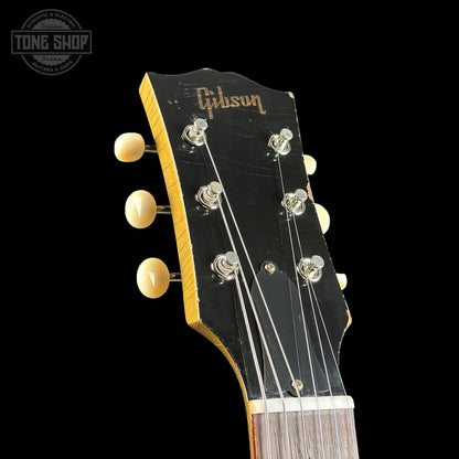 Headstock of Gibson Custom Shop M2M 1963 SG Junior w/64 Neck Double Gold Murphy Lab Light Aged w/Stinger.