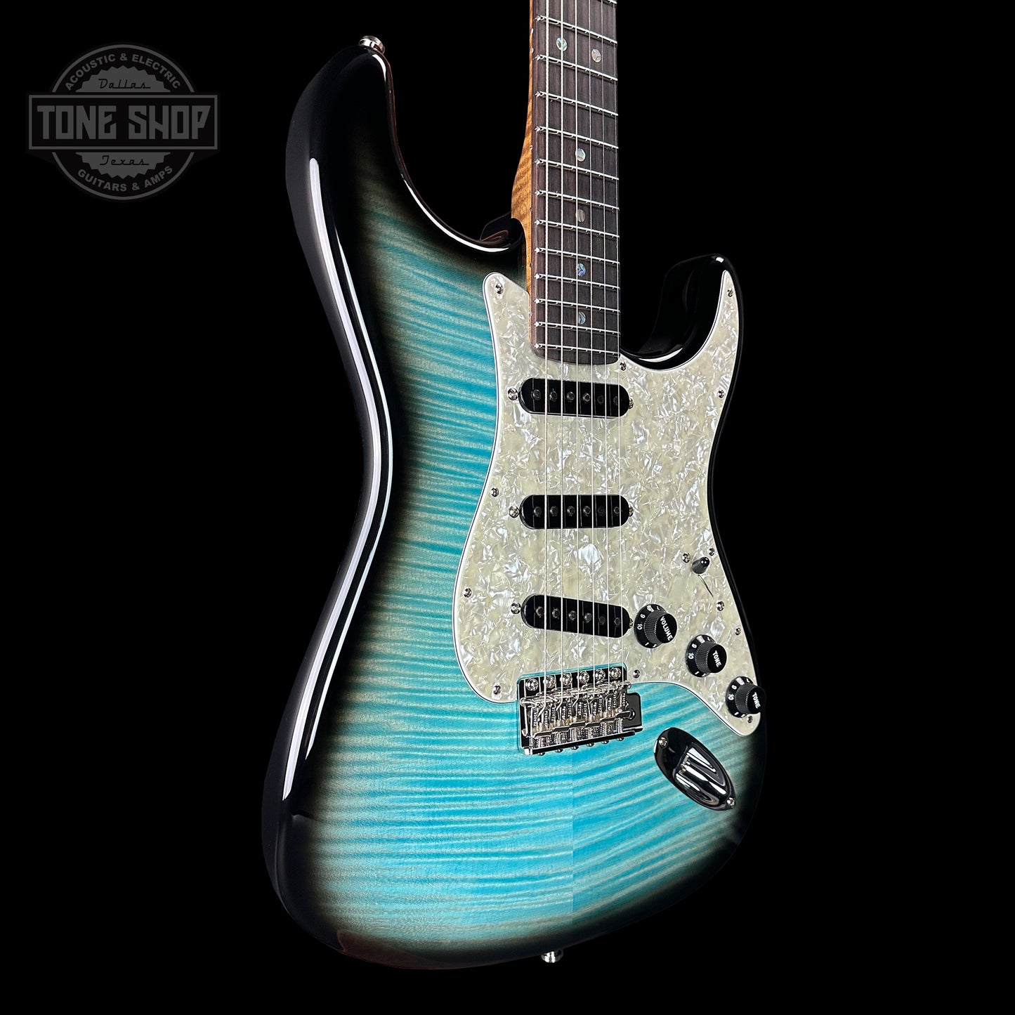 Front angle of Fender Custom Shop Custom FMT Strat Nos Masterbuilt By Kyle Mcmillin Stained Blue Burst.