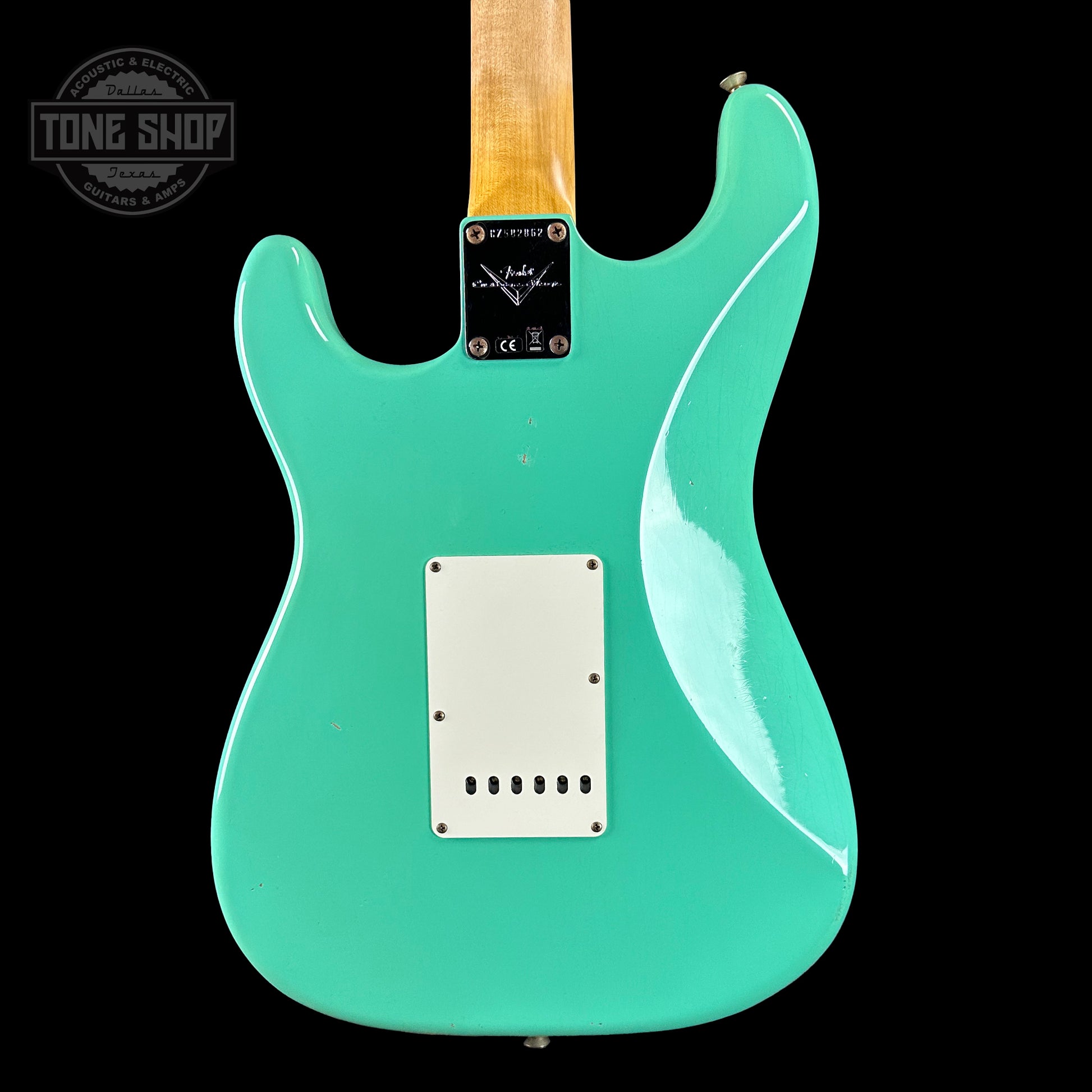 Back of Fender Custom Shop Time Machine '59 Strat Rw Journeyman Relic Super Faded Aged Sea Foam Green.