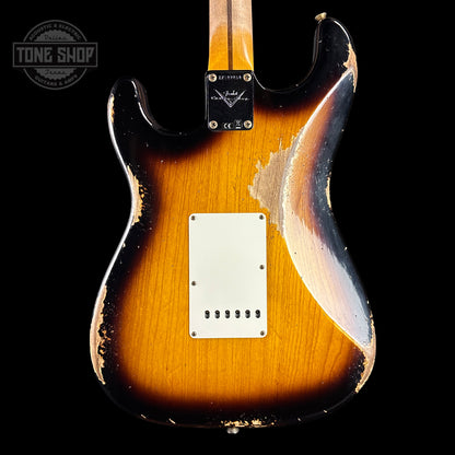 Back of Fender Custom Shop Time Machine '57 Strat Heavy Relic Faded Aged 2 Color Sunburst.