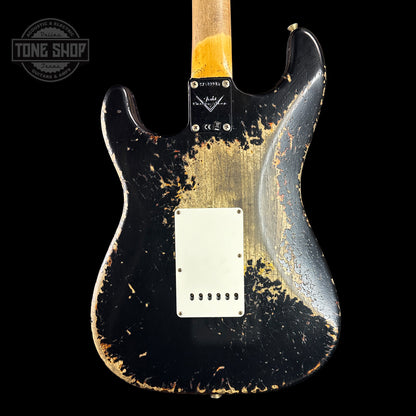 Back of Fender Custom Shop Time Machine '63 Strat Super Heavy Relic Super Faded Aged Black Over 3 Color Sunburst.