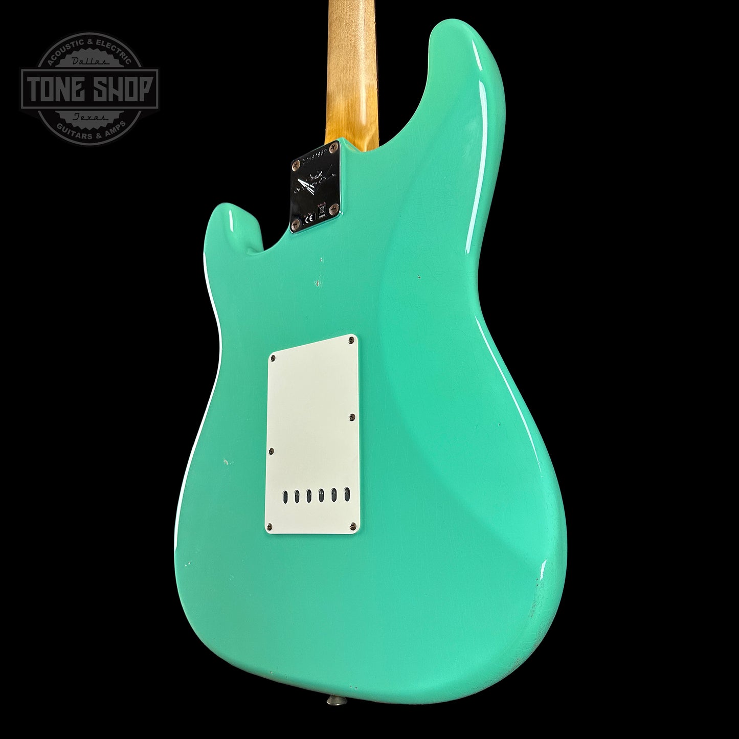 Back angle of Fender Custom Shop Time Machine '59 Strat Rw Journeyman Relic Super Faded Aged Sea Foam Green.