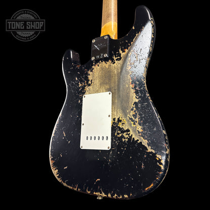 Back angle of Fender Custom Shop Time Machine '63 Strat Super Heavy Relic Super Faded Aged Black Over 3 Color Sunburst.