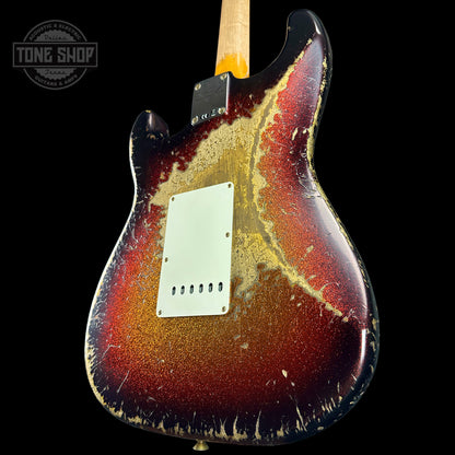 Back angle of Fender Custom Shop Time Machine '63 Strat Super Heavy Relic Super Faded Aged 3 Color Sunburst Sparkle.