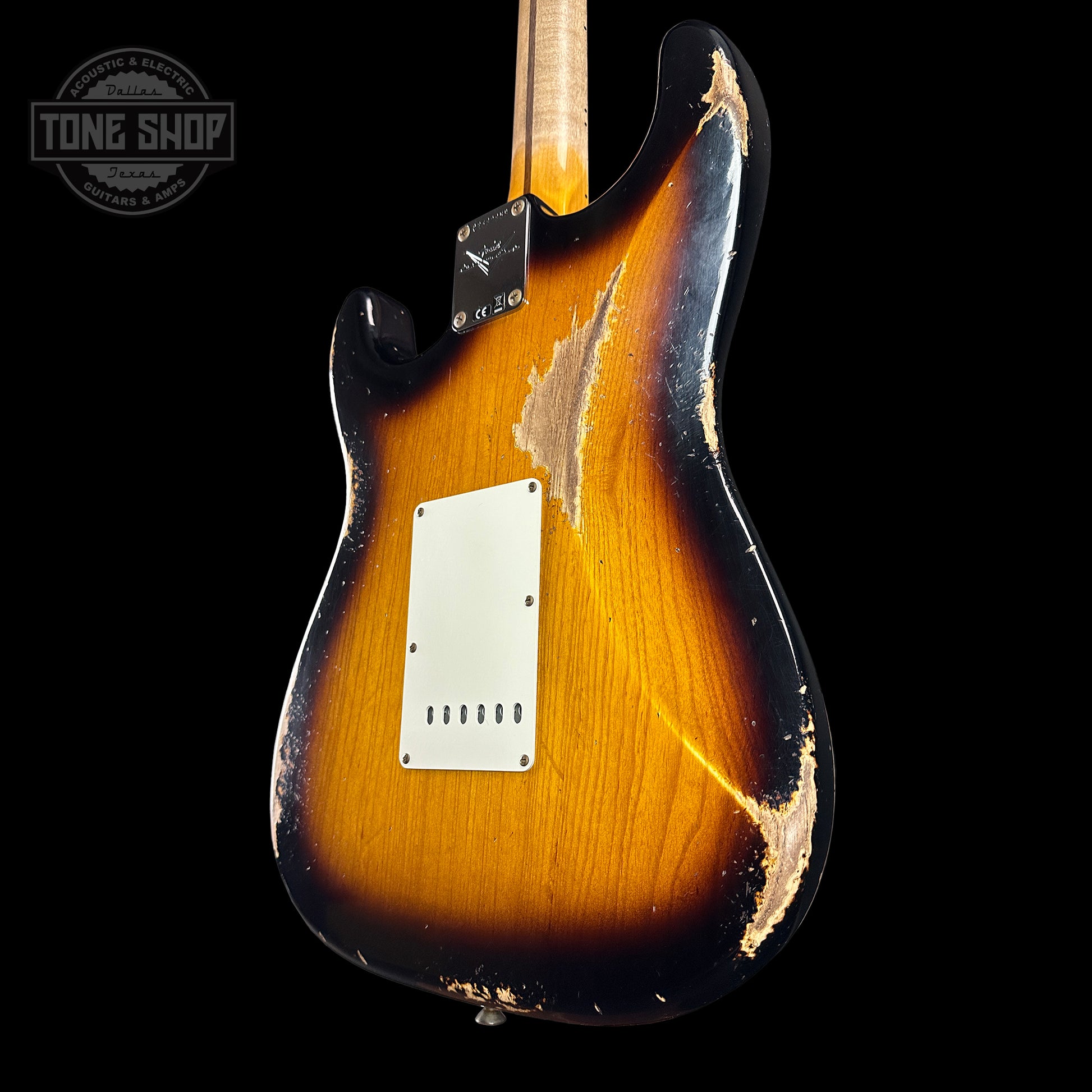 Back angle of Fender Custom Shop Time Machine '57 Strat Heavy Relic Faded Aged 2 Color Sunburst.