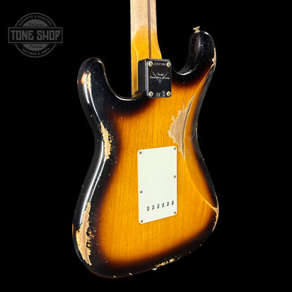 Back angle of Fender Custom Shop Time Machine '57 Strat Heavy Relic Faded Aged 2 Color Sunburst.