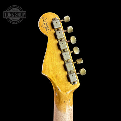 Back of headstock of Fender Custom Shop Time Machine '63 Strat Super Heavy Relic Super Faded Aged 3 Color Sunburst Sparkle.