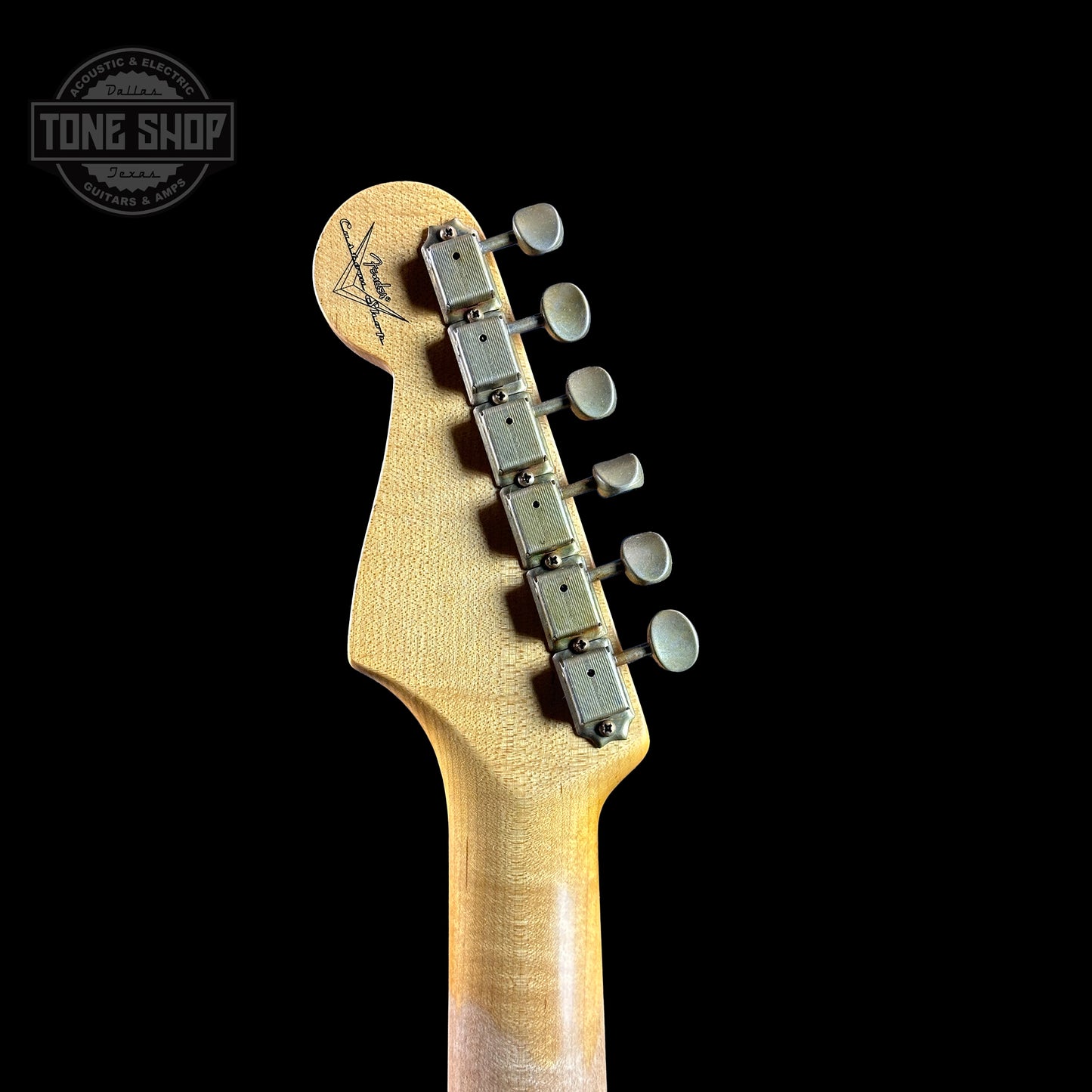 Back of headstock of Fender Custom Shop Time Machine '59 Strat Rw Journeyman Relic Super Faded Aged Sea Foam Green.