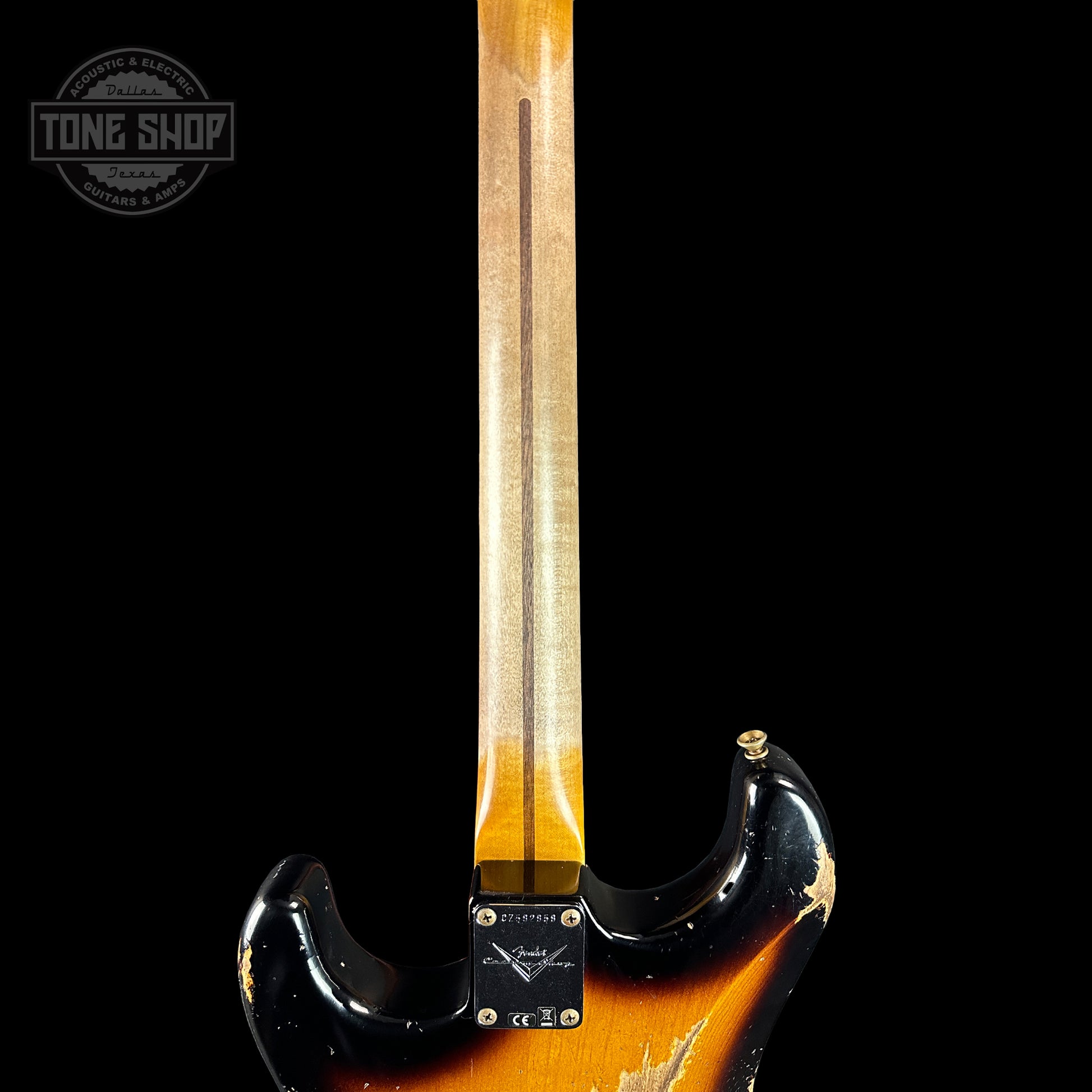 Back of neck of Fender Custom Shop Time Machine '57 Strat Heavy Relic Faded Aged 2 Color Sunburst.