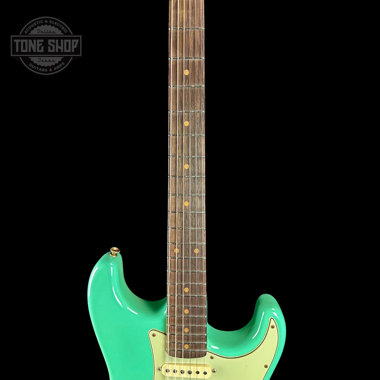 Fretboard of Fender Custom Shop Time Machine '59 Strat Rw Journeyman Relic Super Faded Aged Sea Foam Green.