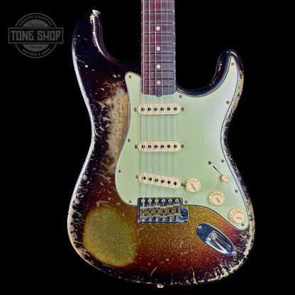 Front of Fender Custom Shop Time Machine '63 Strat Super Heavy Relic Super Faded Aged 3 Color Sunburst Sparkle.