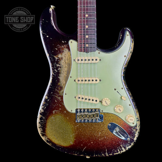 Front of Fender Custom Shop Time Machine '63 Strat Super Heavy Relic Super Faded Aged 3 Color Sunburst Sparkle.