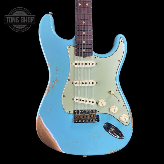 Front of Fender Custom Shop Limited Edition '64 L Series Strat Heavy Relic Aged Daphne Blue.