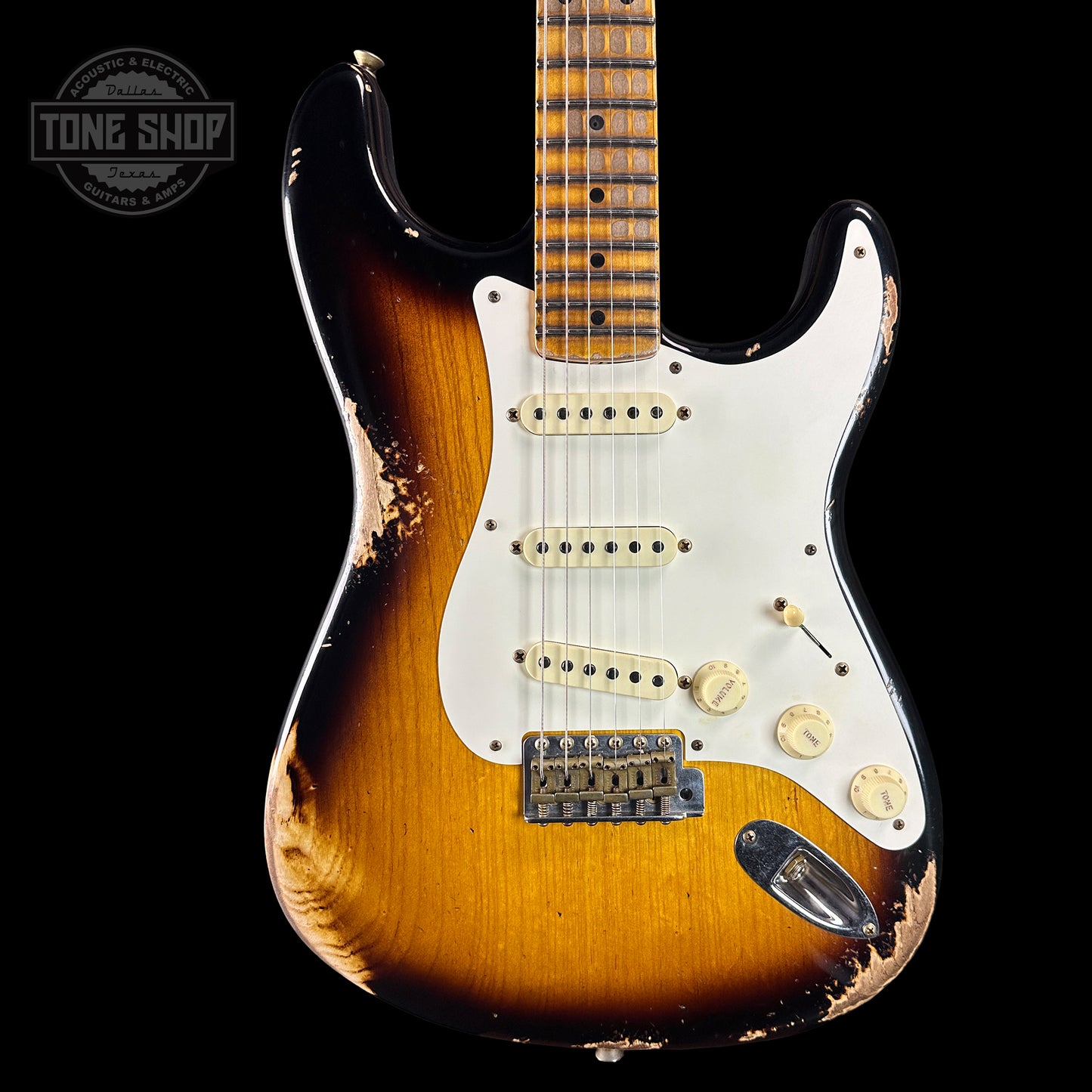 Front of Fender Custom Shop Time Machine '57 Strat Heavy Relic Faded Aged 2 Color Sunburst.