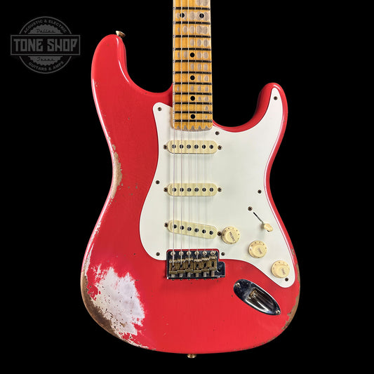 Front of Fender Custom Shop Time Machine '57 Strat Heavy Relic Aged Fiesta Red.