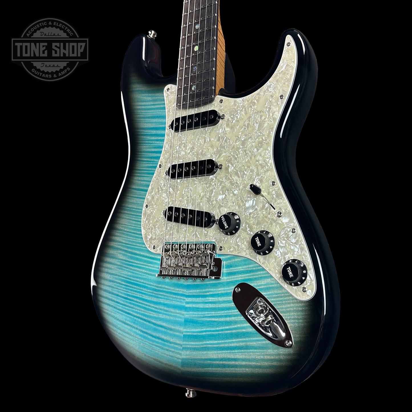 Front angle of Fender Custom Shop Custom FMT Strat Nos Masterbuilt By Kyle Mcmillin Stained Blue Burst.