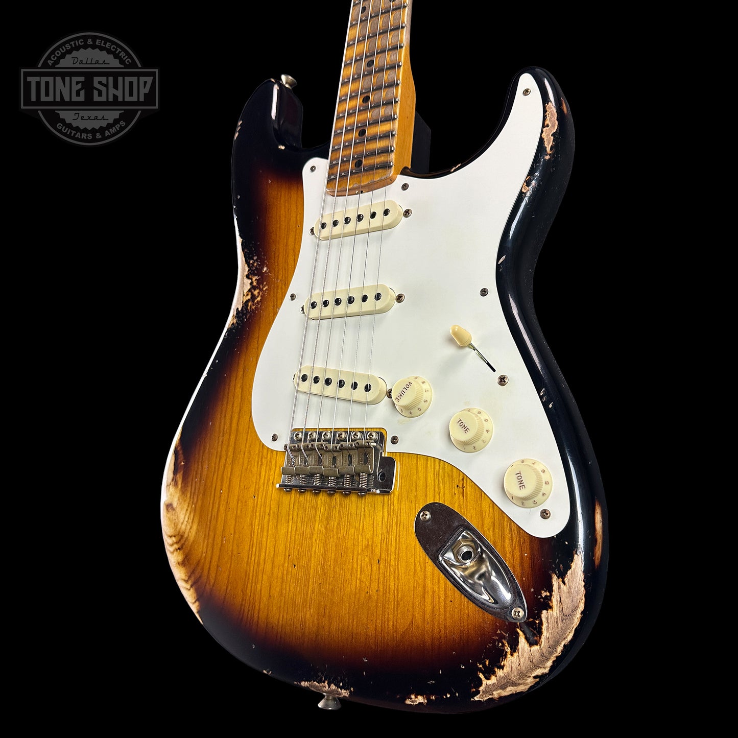 Front angle of Fender Custom Shop Time Machine '57 Strat Heavy Relic Faded Aged 2 Color Sunburst.