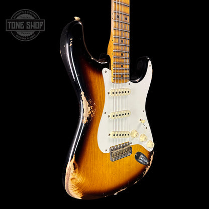 Front angle of Fender Custom Shop Time Machine '57 Strat Heavy Relic Faded Aged 2 Color Sunburst.