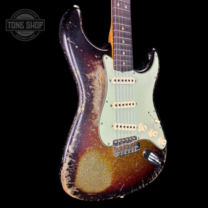 Front angle of Fender Custom Shop Time Machine '63 Strat Super Heavy Relic Super Faded Aged 3 Color Sunburst Sparkle.