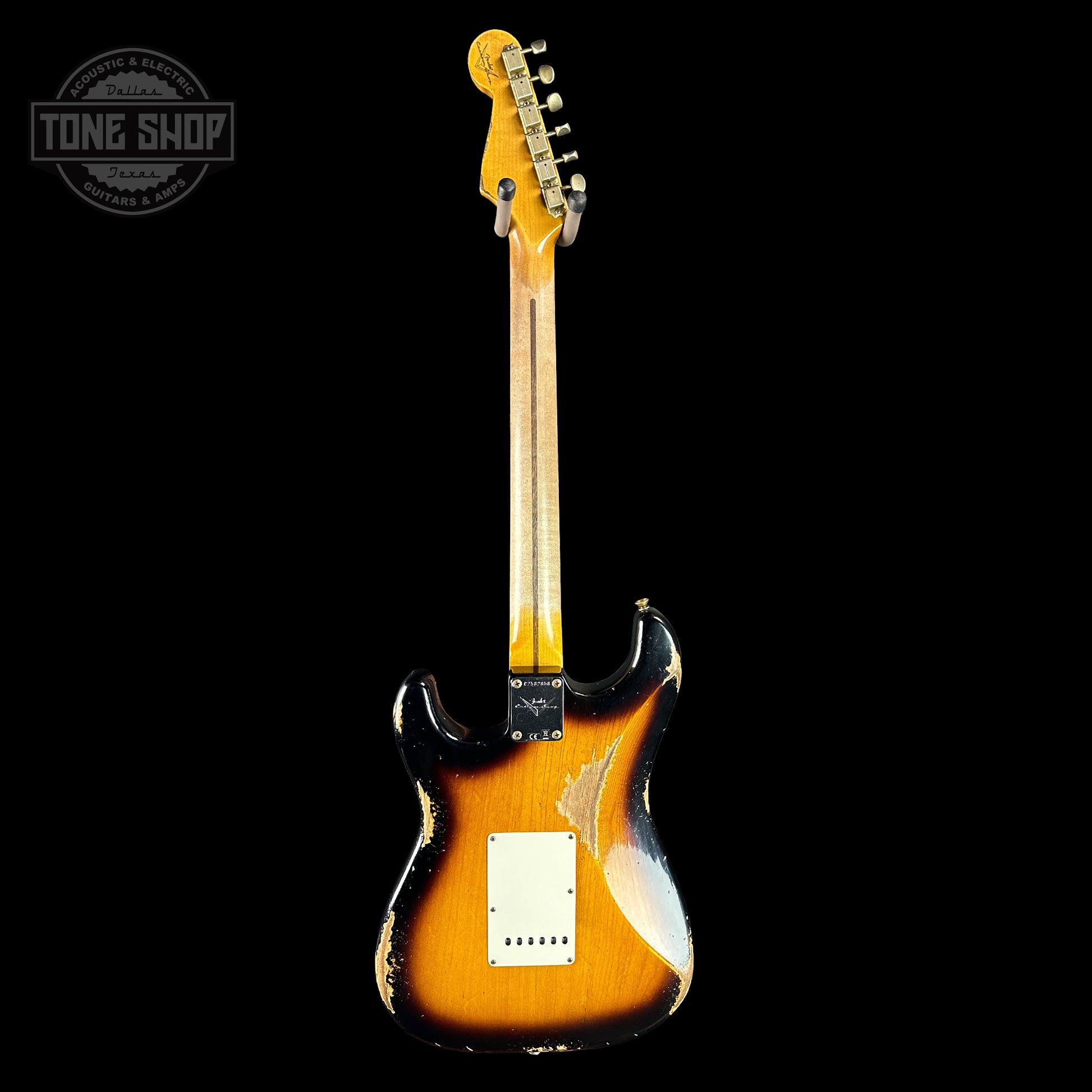 Full back of Fender Custom Shop Time Machine '57 Strat Heavy Relic Faded Aged 2 Color Sunburst.