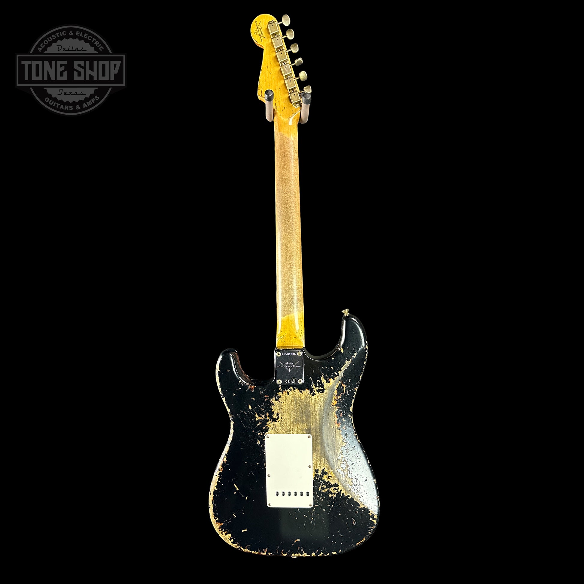 Full back of Fender Custom Shop Time Machine '63 Strat Super Heavy Relic Super Faded Aged Black Over 3 Color Sunburst.