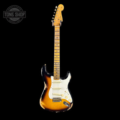 Full front of Fender Custom Shop Time Machine '57 Strat Heavy Relic Faded Aged 2 Color Sunburst.