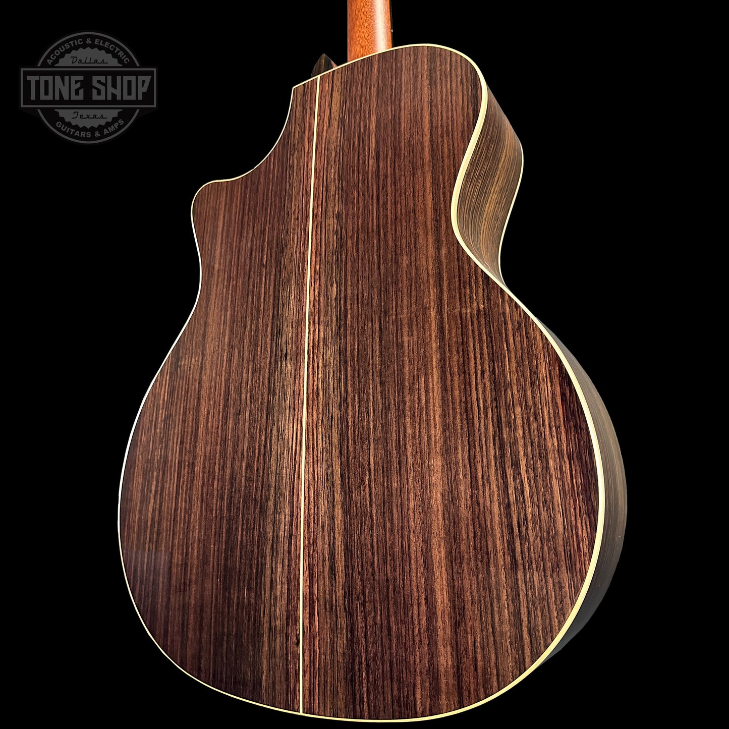 Back angle of Taylor 814ce ADI Top Tobacco Sunburst Radius Armrest V-Class Bracing.