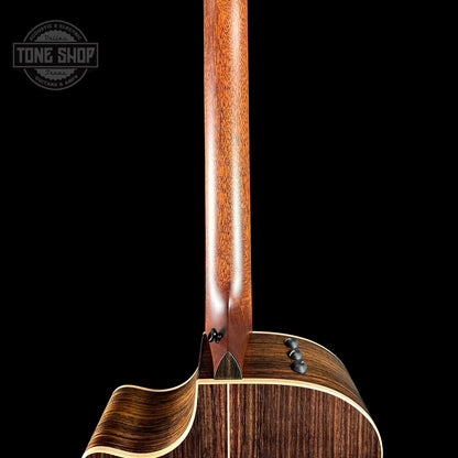 Back of neck of Taylor 814ce ADI Top Tobacco Sunburst Radius Armrest V-Class Bracing.