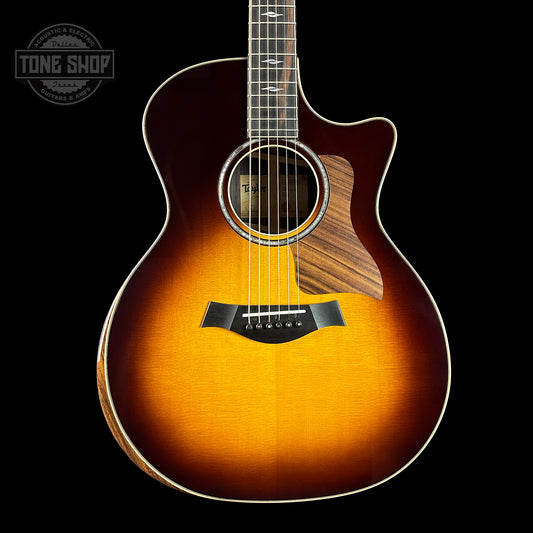 Front of Taylor 814ce ADI Top Tobacco Sunburst Radius Armrest V-Class Bracing.