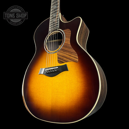 Front angle of Taylor 814ce ADI Top Tobacco Sunburst Radius Armrest V-Class Bracing.