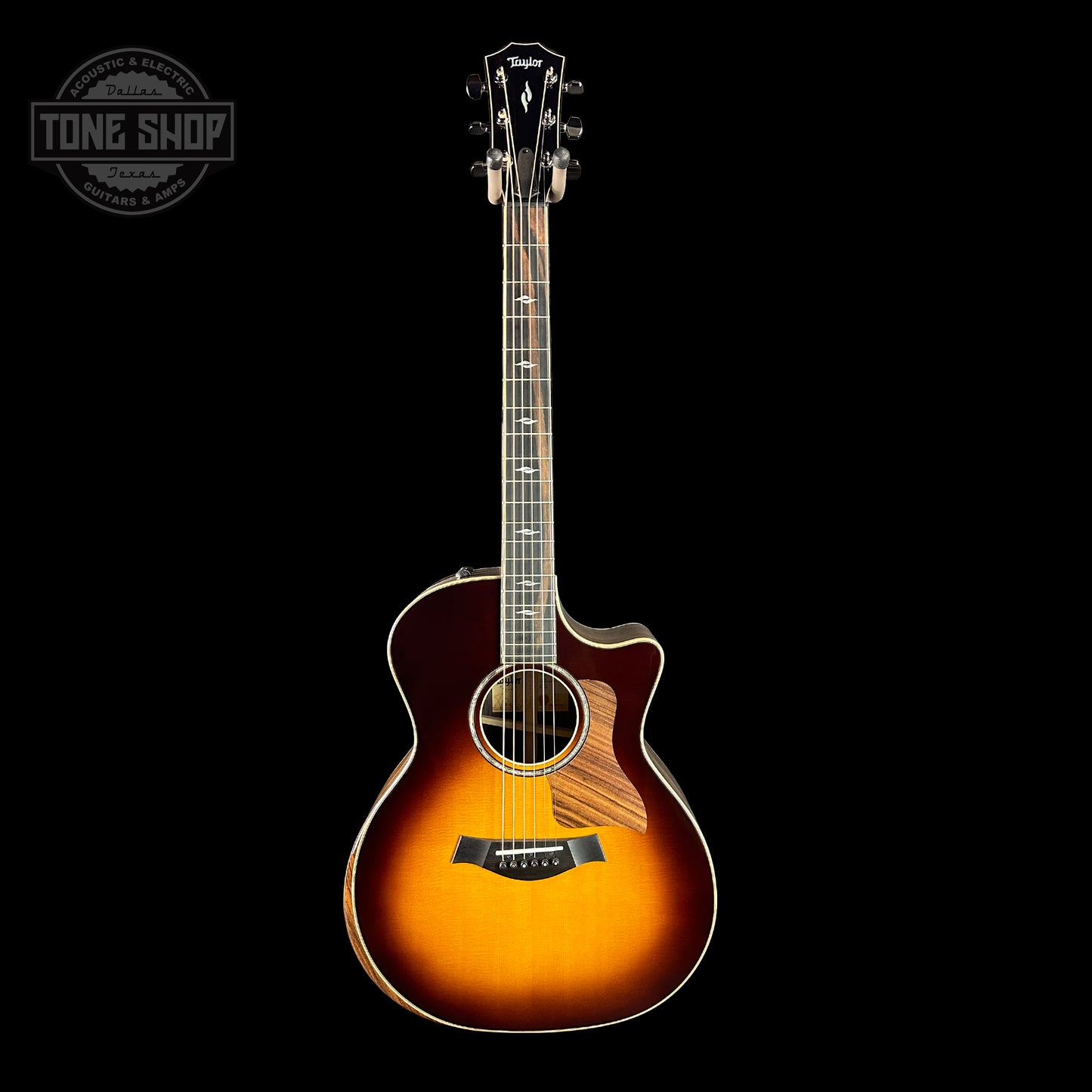 Full front of Taylor 814ce ADI Top Tobacco Sunburst Radius Armrest V-Class Bracing.