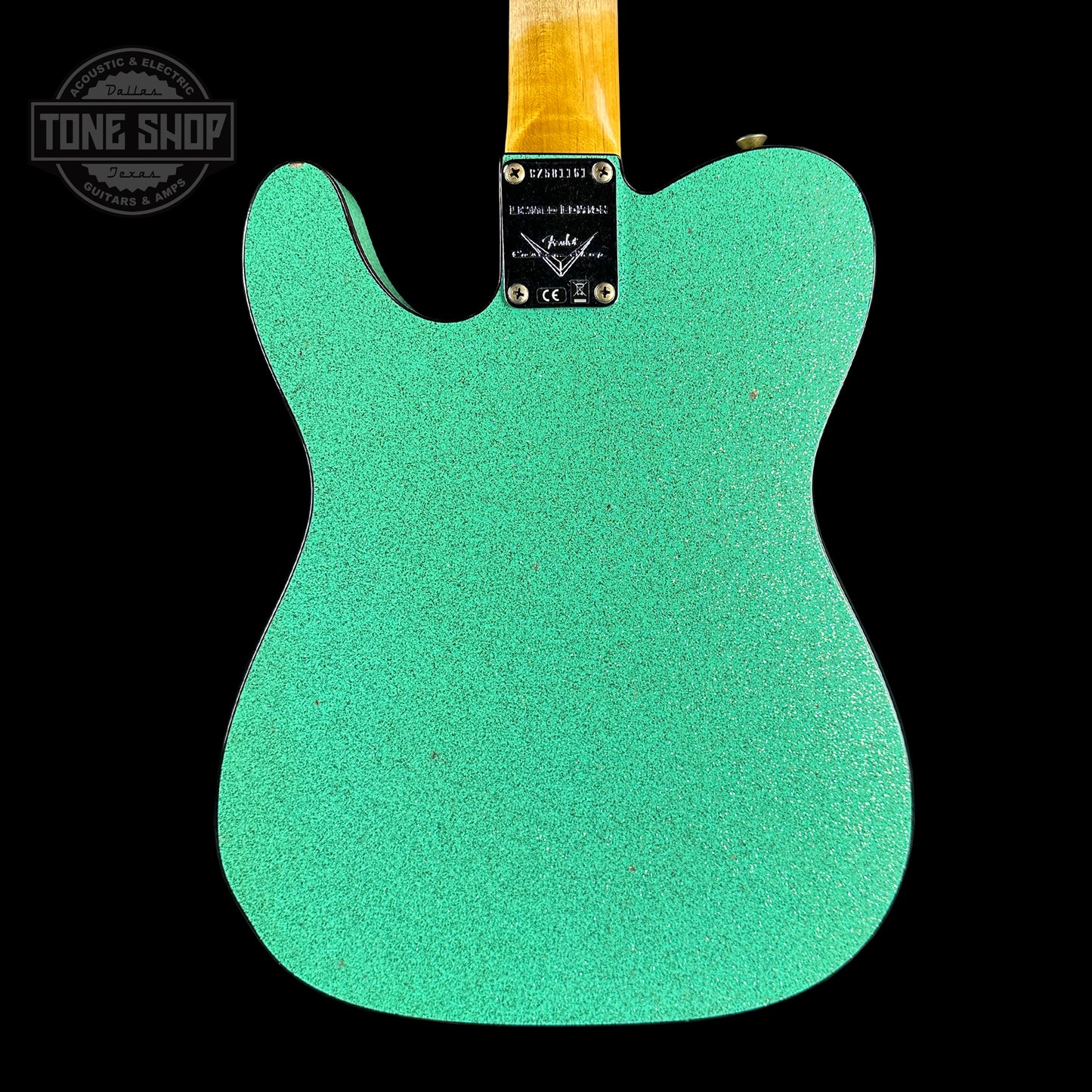 Back of Fender Custom Shop Limited Edition Cunife Tele Custom Journeyman Relic Aged Sea Foam Green Sparkle.