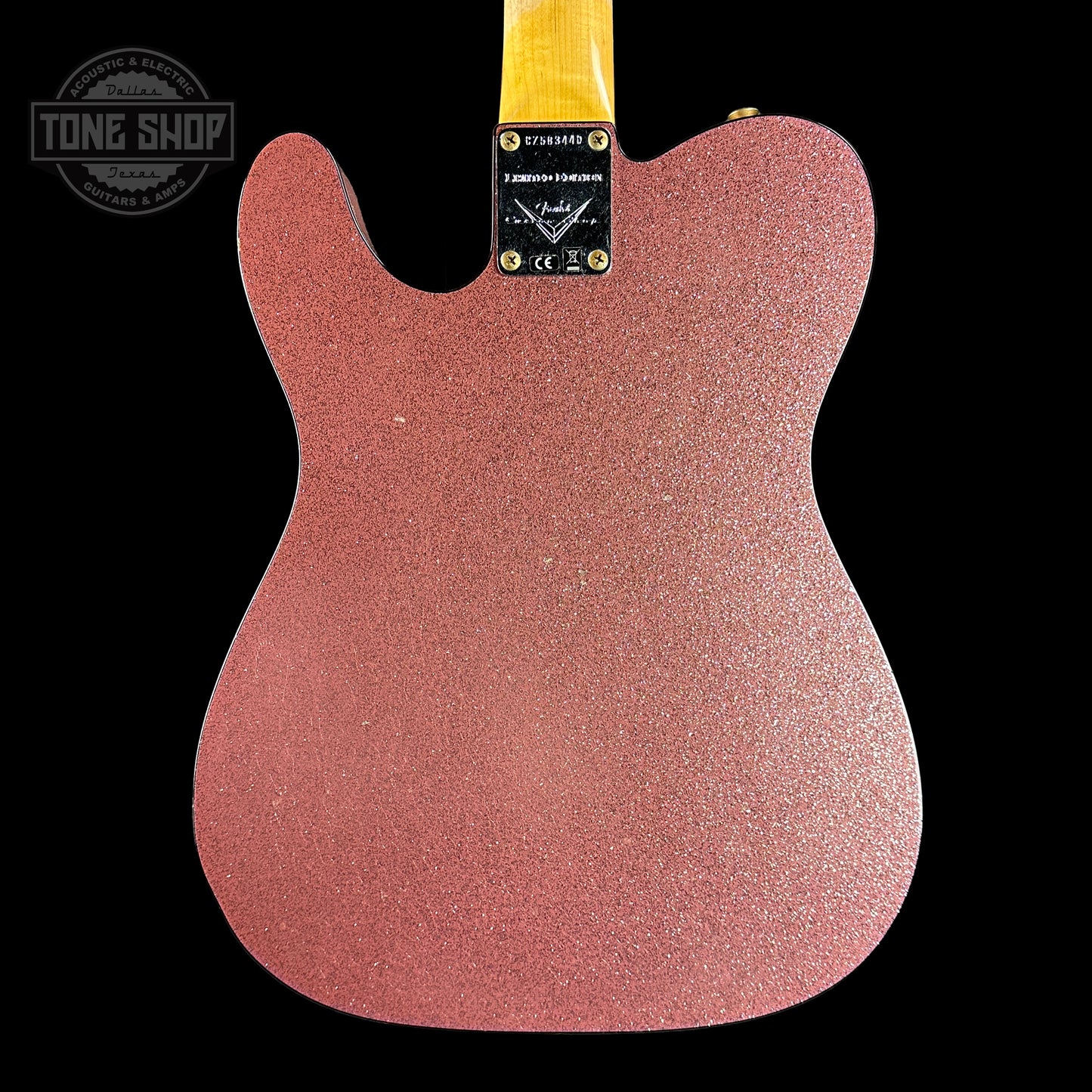 Back of Fender Custom Shop Limited Edition Cunife Tele Custom Journeyman Relic Aged Champagne Sparkle.