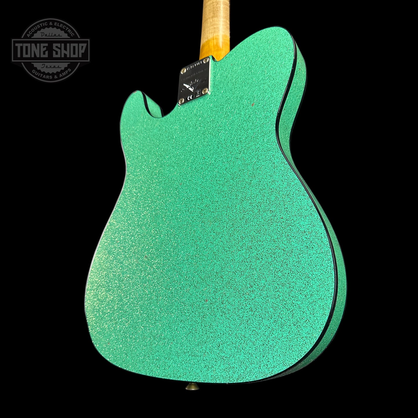 Back angle of Fender Custom Shop Limited Edition Cunife Tele Custom Journeyman Relic Aged Sea Foam Green Sparkle.