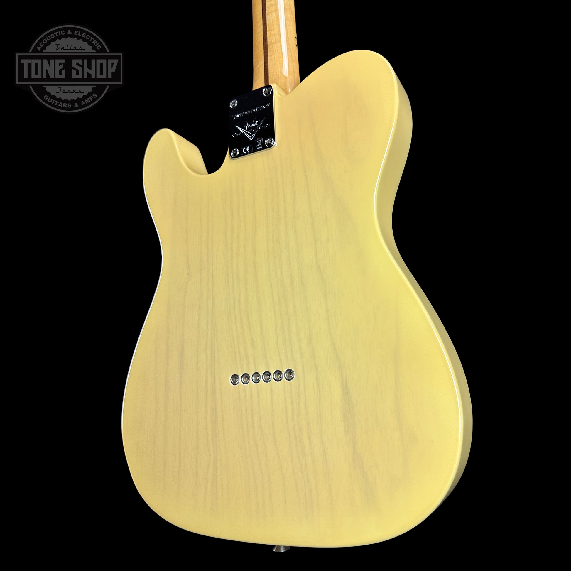 Back angle of Fender Custom Shop Limited Edition 53 Tele Time Capsule Faded Nocaster Blonde.