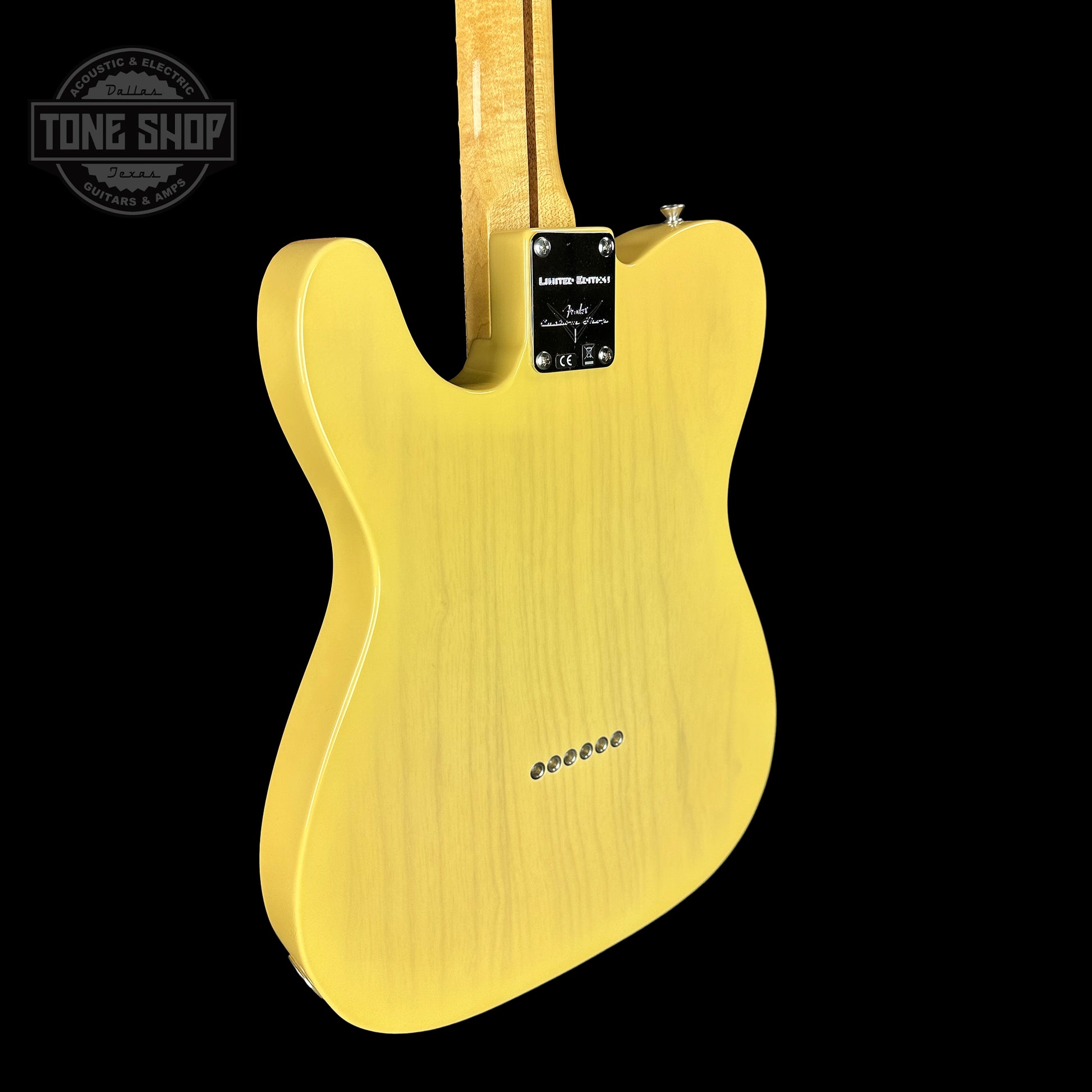 Back angle of Fender Custom Shop Limited Edition 53 Tele Time Capsule Faded Nocaster Blonde.