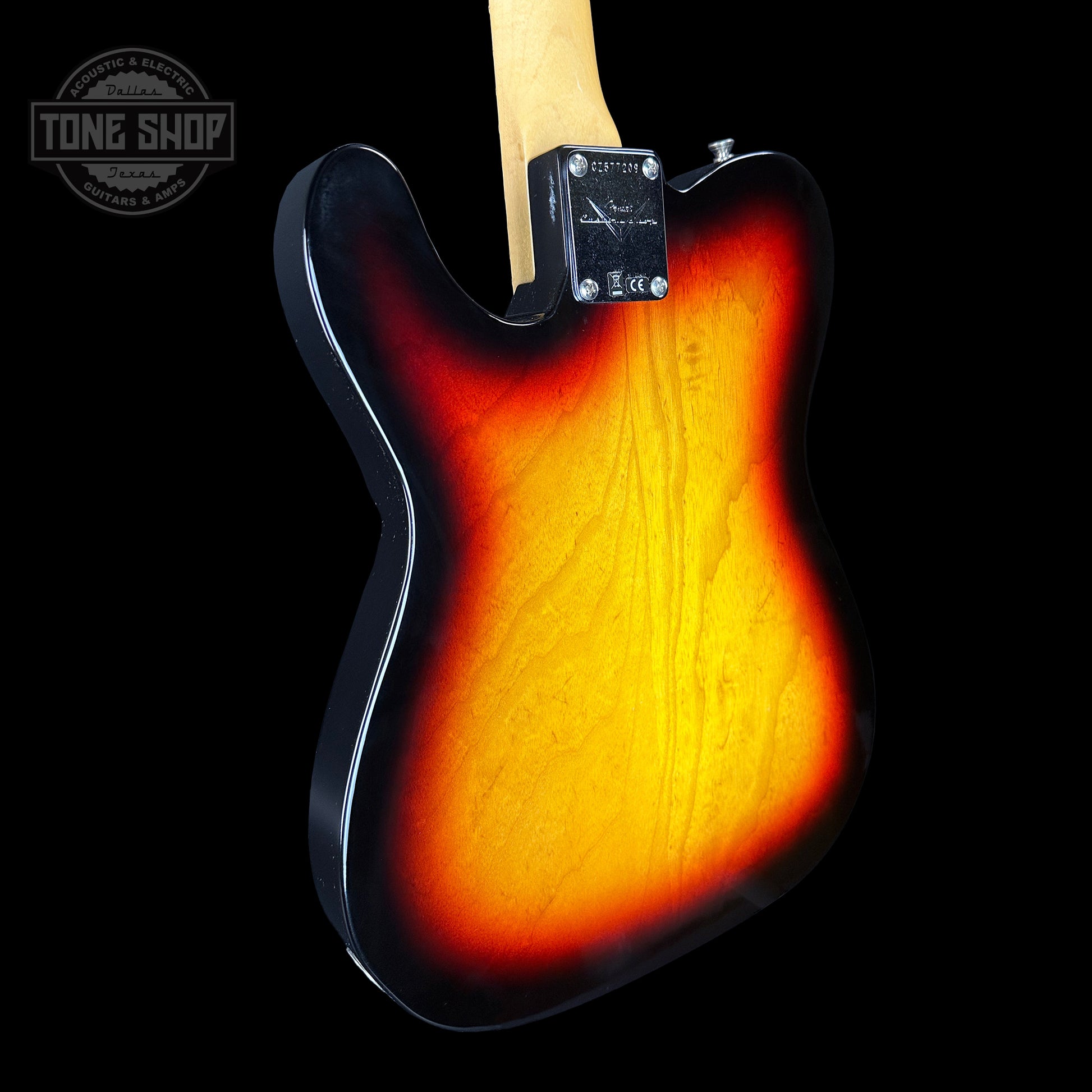 Back angle of Fender Custom Shop Time Machine '67 Tele Dlx Closet Classic 3 Color Sunburst.