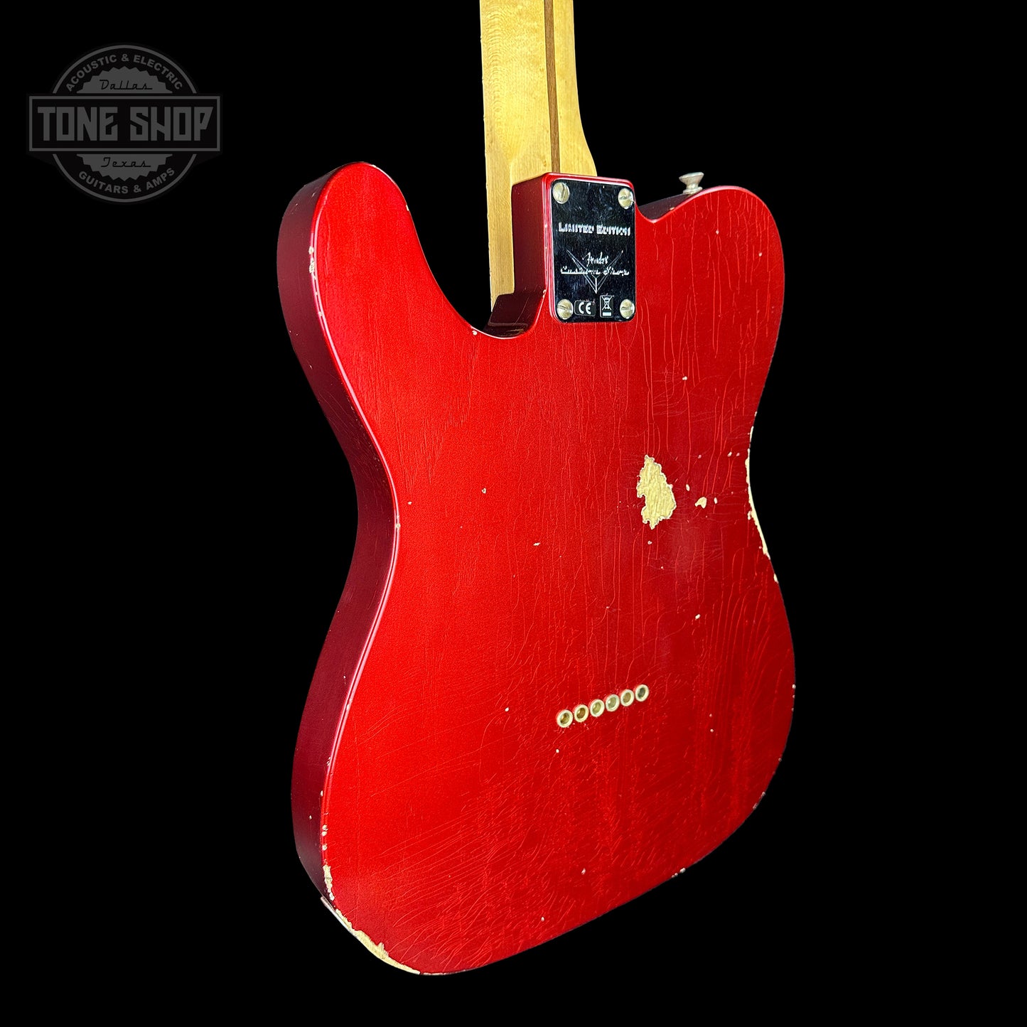 Back angle of Fender Custom Shop Limited Edition Red Hot Esquire Relic Super Faded Aged Candy Apple Red.