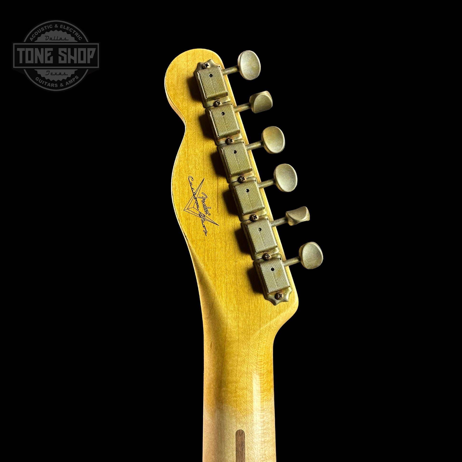 Back of headstock of Fender Custom Shop Time Machine '54 Tele Relic Faded Aged Nocaster Blonde.