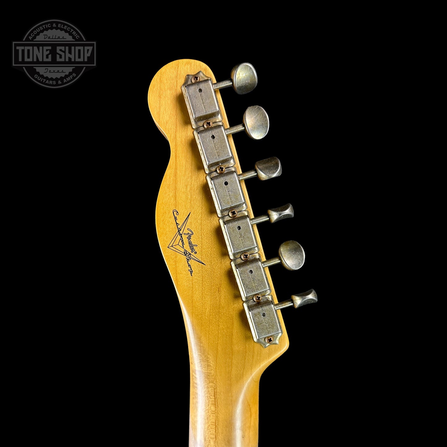 Back of headstock of Fender Custom Shop Time Machine '54 Tele Journeyman Relic Faded Aged Nocaster Blonde.