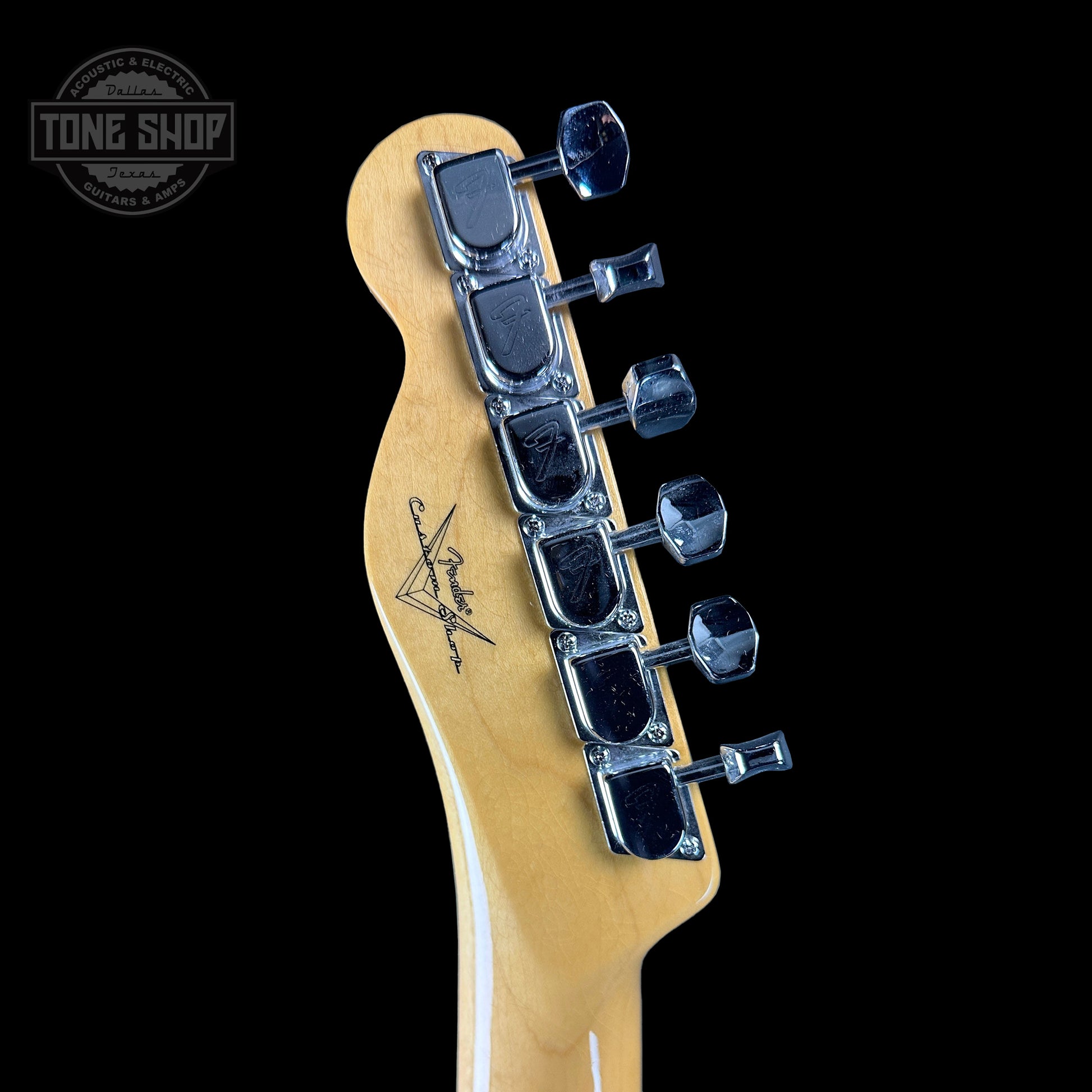 Back of headstock of Fender Custom Shop Time Machine '67 Tele Dlx Closet Classic 3 Color Sunburst.