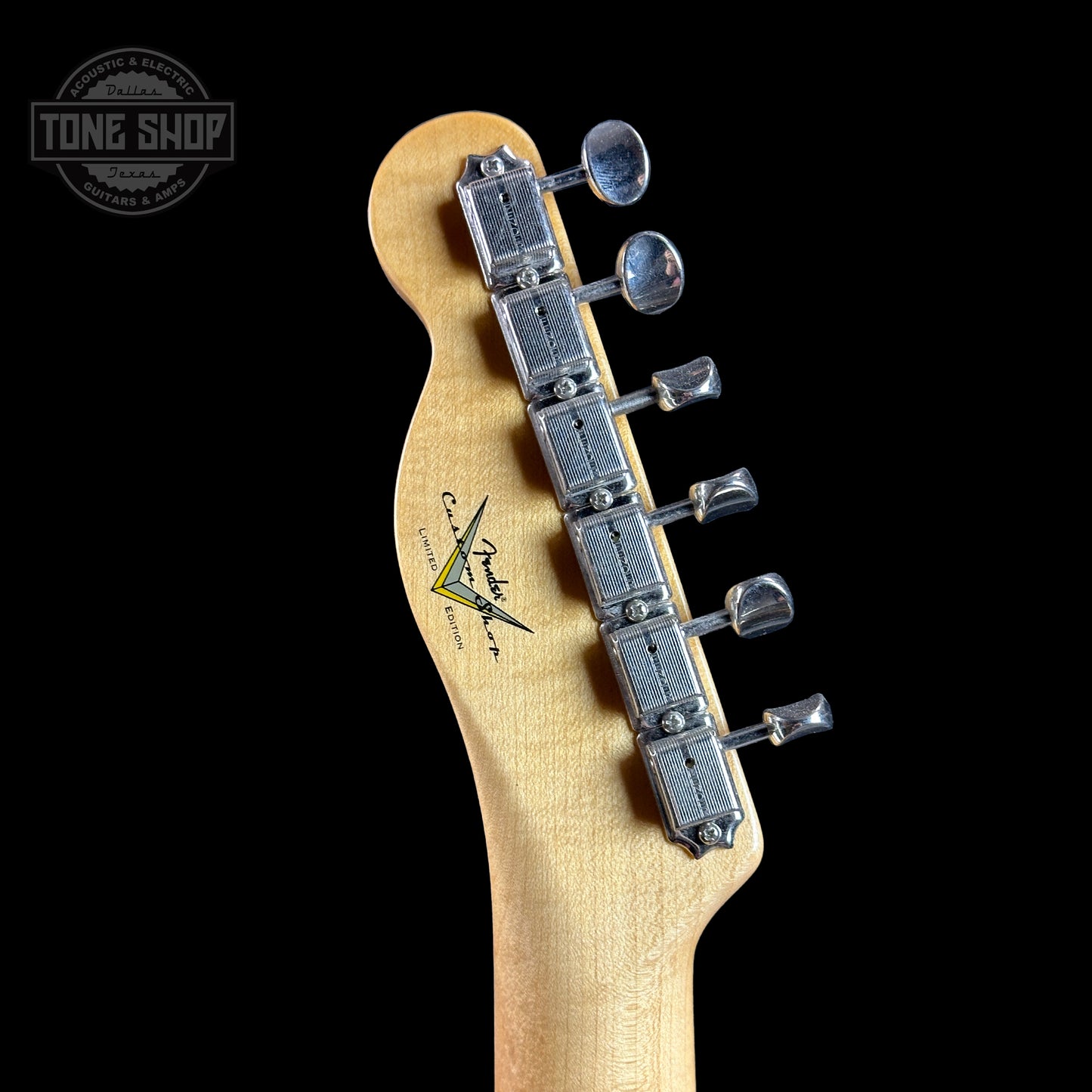 Back of headstock of Fender Custom Shop Limited Edition 53 Tele Time Capsule Faded Nocaster Blonde.