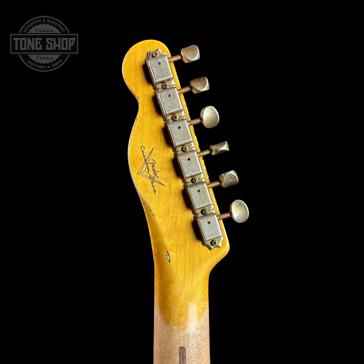 Back of headstock of Fender Custom Shop Time Machine '54 Tele Heavy Relic Faded Aged Nocaster Blonde.