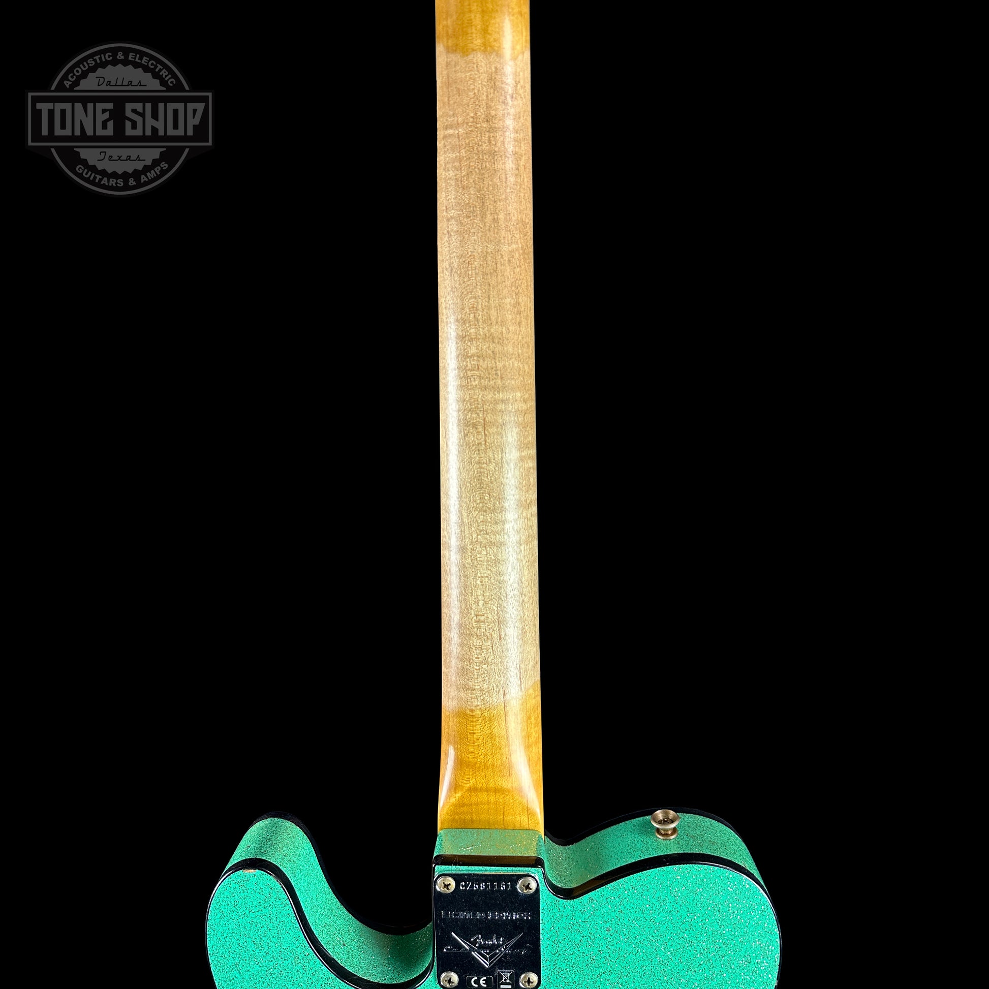 Back of neck of Fender Custom Shop Limited Edition Cunife Tele Custom Journeyman Relic Aged Sea Foam Green Sparkle.