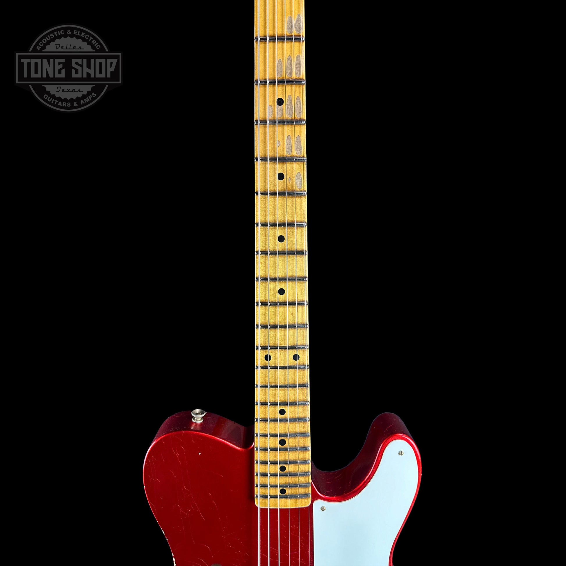 Fretboard of Fender Custom Shop Limited Edition Red Hot Esquire Relic Super Faded Aged Candy Apple Red.