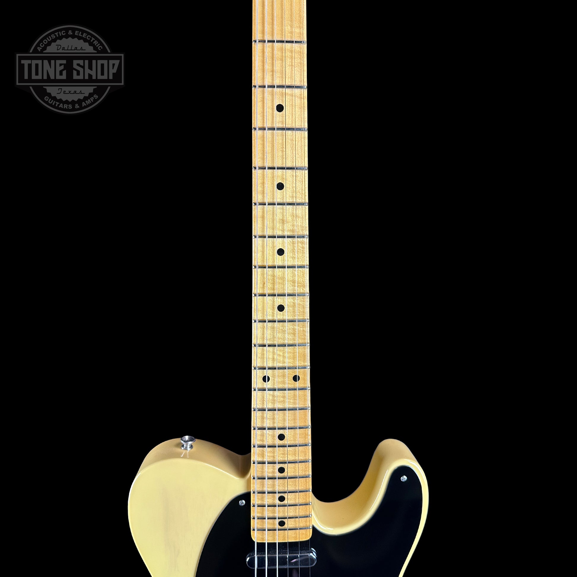 Fretboard of Fender Custom Shop Limited Edition 53 Tele Time Capsule Faded Nocaster Blonde.