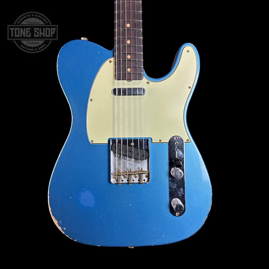 Front of Fender Custom Shop Time Machine '63 Tele Relic Aged Lake Placid Blue.