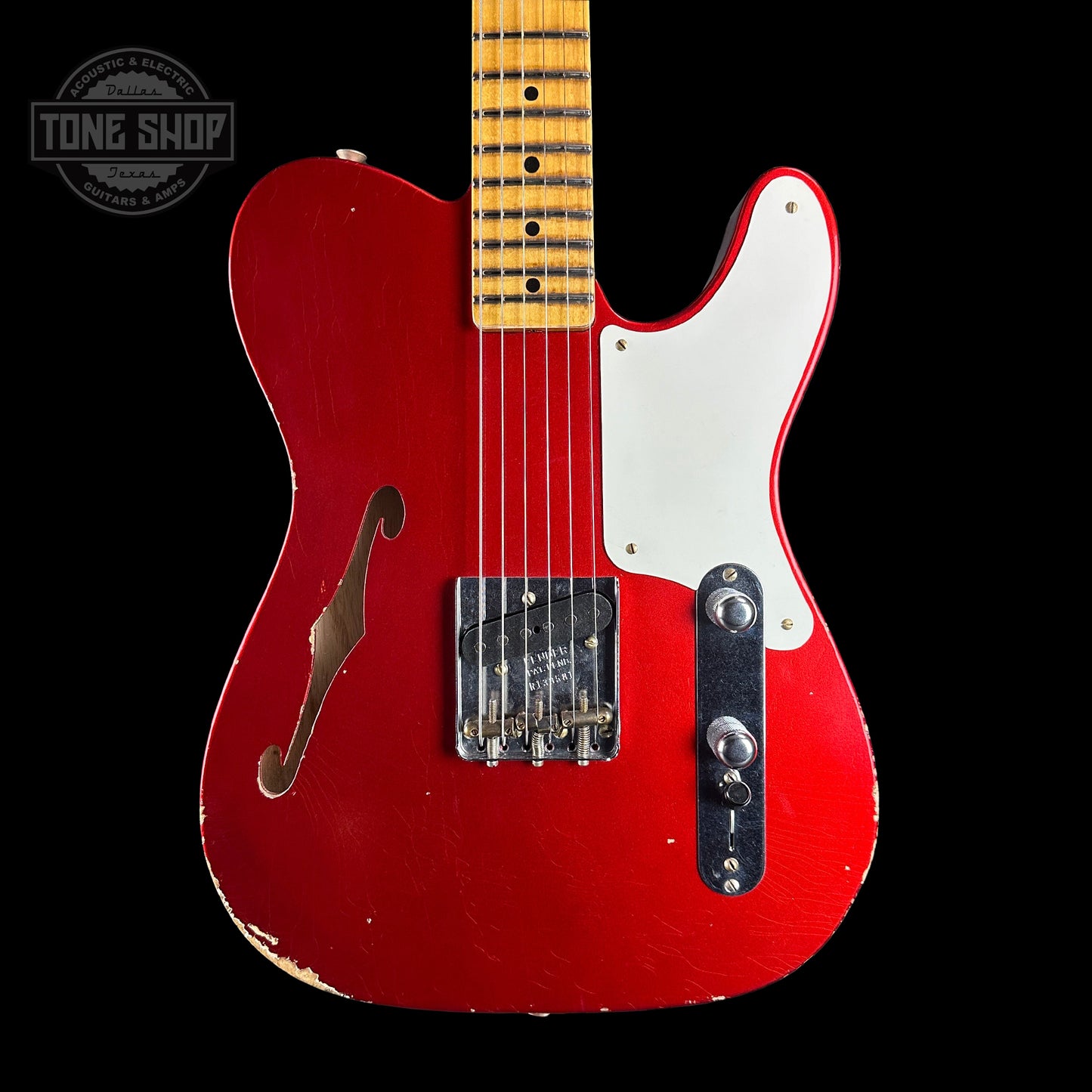 Front of Fender Custom Shop Limited Edition Red Hot Esquire Relic Super Faded Aged Candy Apple Red.